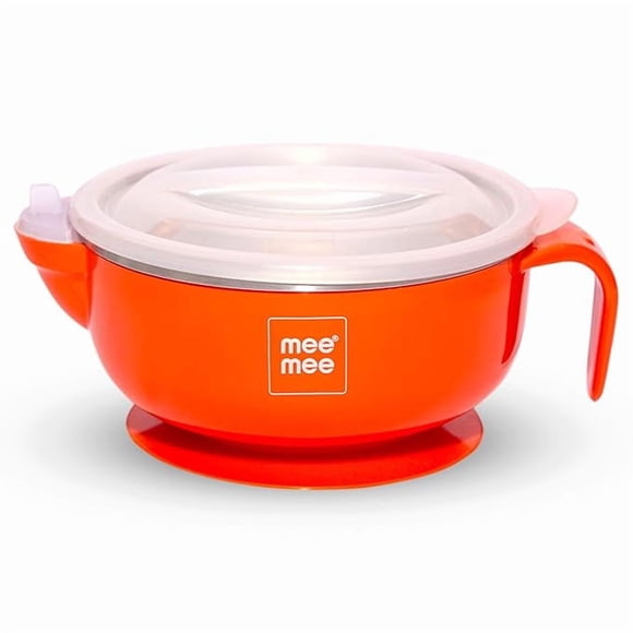 Mee Mee Stay Warm Baby Steel Bowl with Suction Base, Red(Pack of 1)