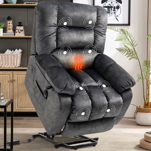 UHOMEPRO Overstuffed Power Lift Recliner Chair for Elderly, 23.2" Wide Seat Electric Lift Chair with Heat and 8-Point Vibration Massage, Remote Control and Side Pockets, Gray