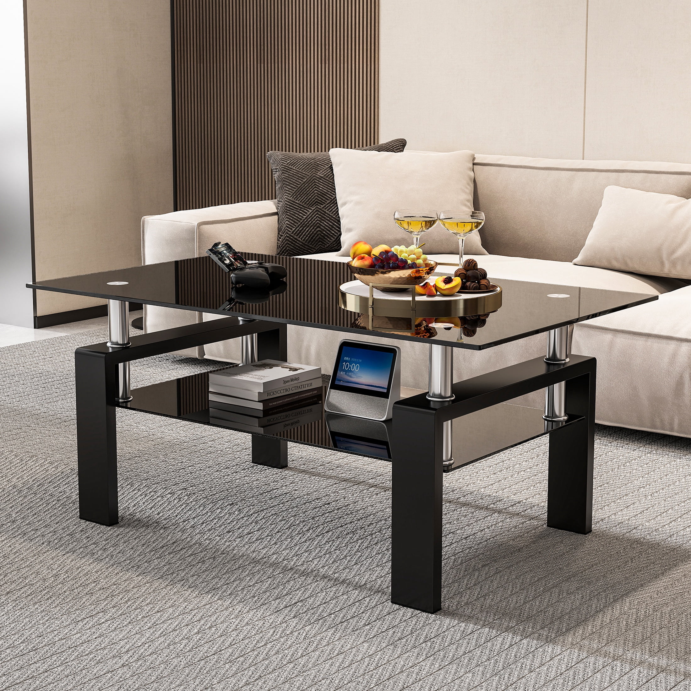 Glass Coffee Table for Living Room, SEGMART Modern Coffee Table with Lower Shelf, Rectangle Center Table with Metal Legs, Glass Table, Sofa Table, Tea Table, Living Room Table