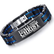 Personalized Religious Jewelry-Inspirational Christian Faith Bible Verse Quote Elegant Stainless Steel Two-Tone Blue&Black Link Bracelet Encouragement Gift for Men Boys Dad Son I Can Do All Things Th