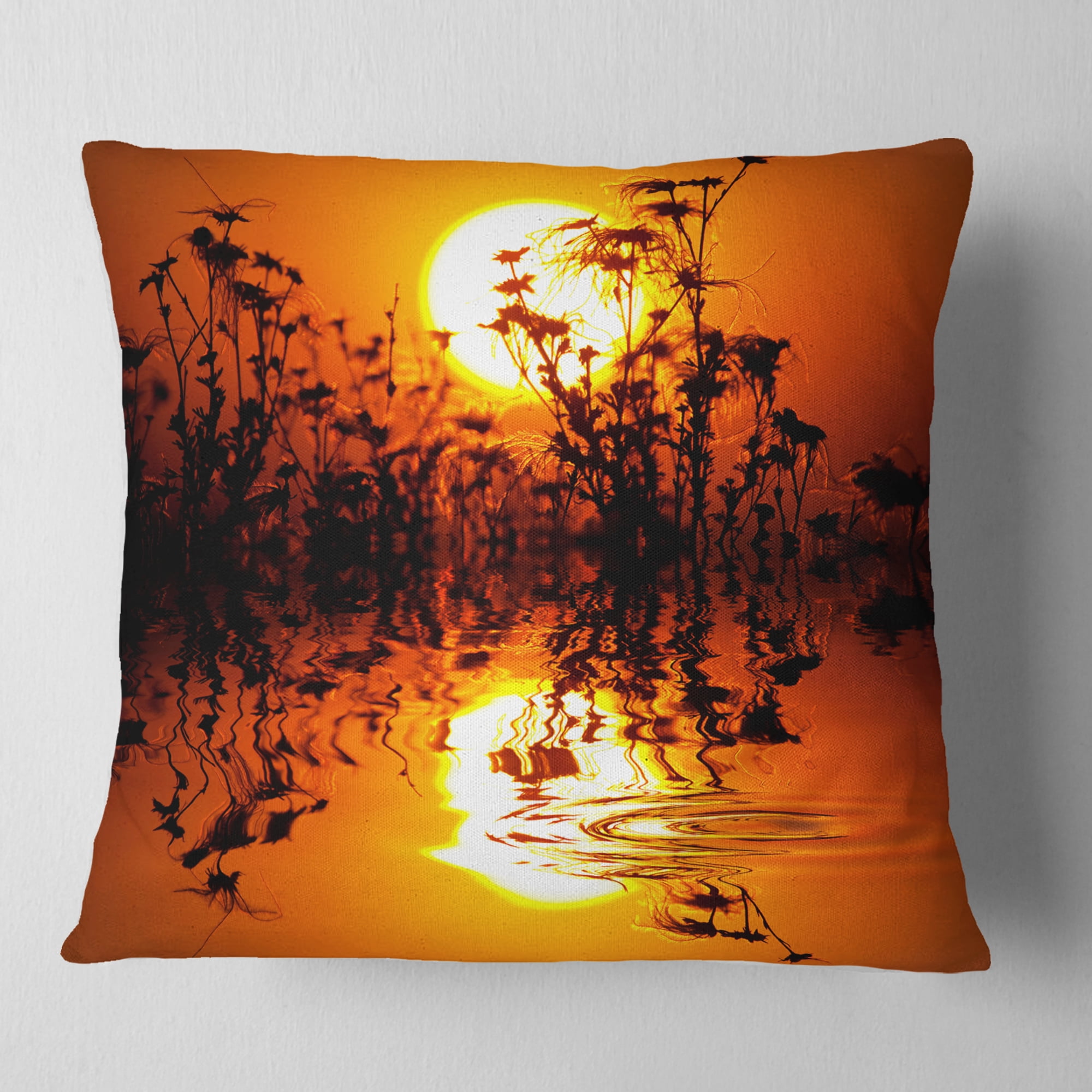 Designart Flowers Silhouette View At Sunset - Landscape Printed Throw Pillow - 16x16
