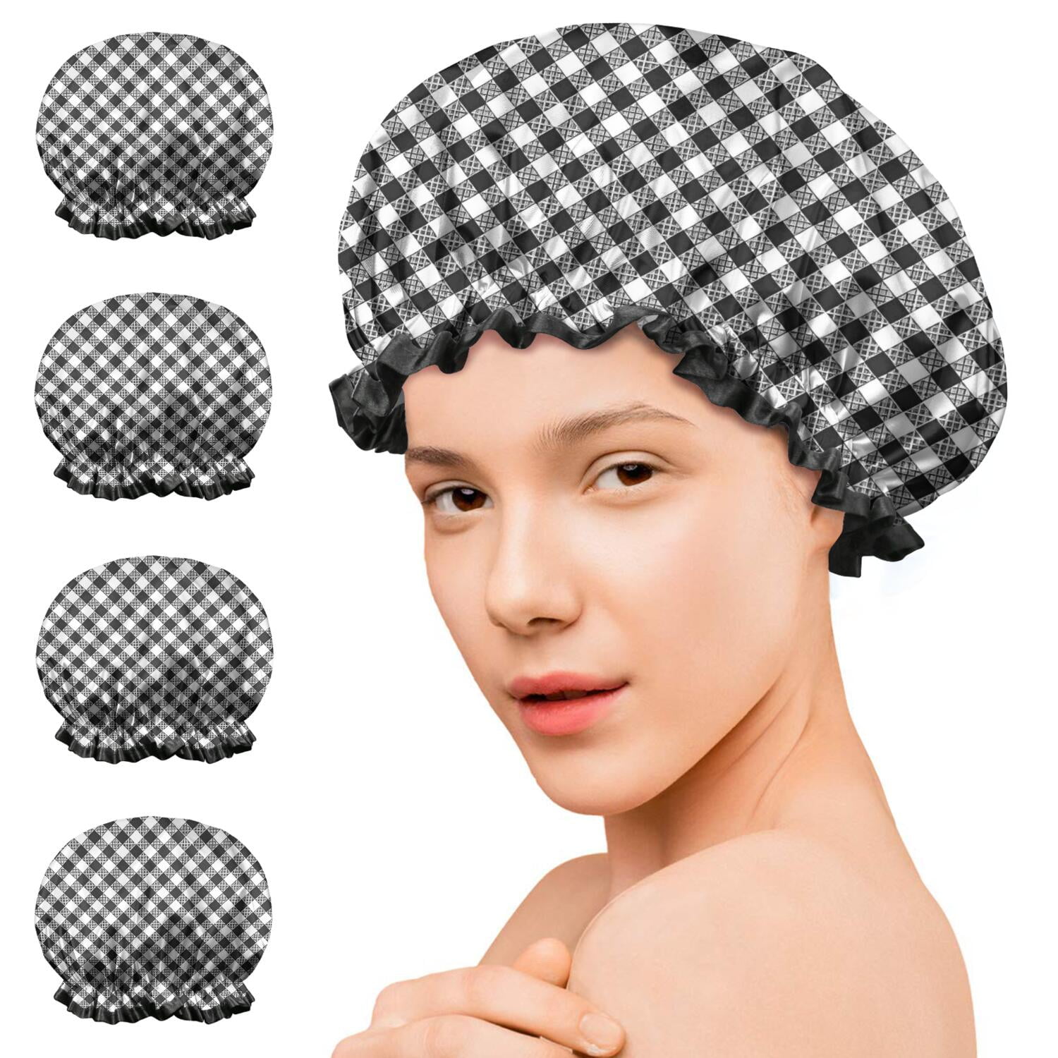 Shower Caps,Black White Small Checkered Pattern Waterproof Shower Cap for Women 4 Pieces,Double Reusable Hair Cover for Shower PEVA Elastic Stretch Hem