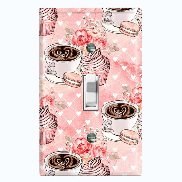 Metal Light Switch Wall Plate Outlet Cover (Coffee Mocha Espresso Heart Cupcake Macaron Flower Bouquet Pink - Single Toggle)