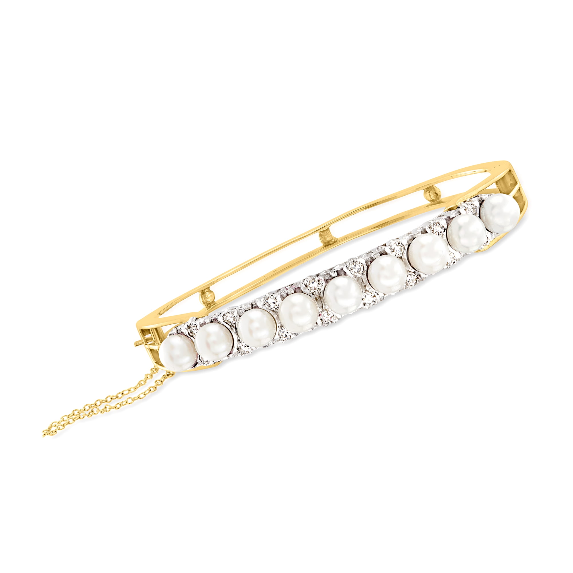 Ross-Simons C. 1950 Vintage 6mm Cultured Pearl and .55 ct. t.w. Diamond Bangle Bracelet in 14kt Yellow Gold for Female, Adult