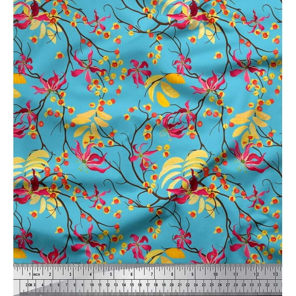 Soimoi Silk Fabric Leaves,Floral & Berries Fruits Print Sewing Fabric Yard 42 Inch Wide