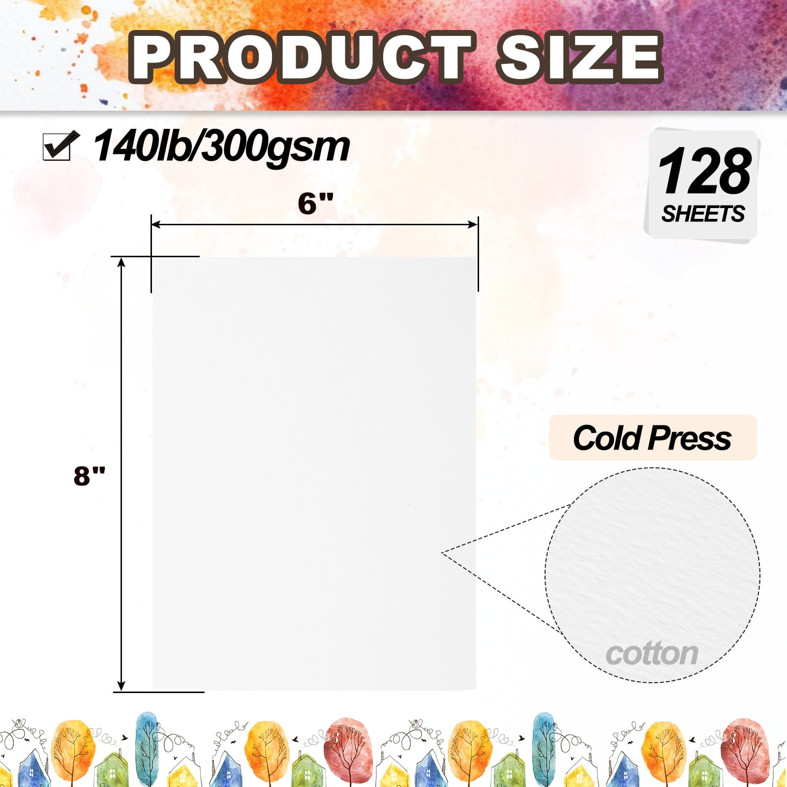 Uxcell 128 Sheets Cotton Watercolor Paper 140lb/300 GSM Paint Paper 8x6 Inch