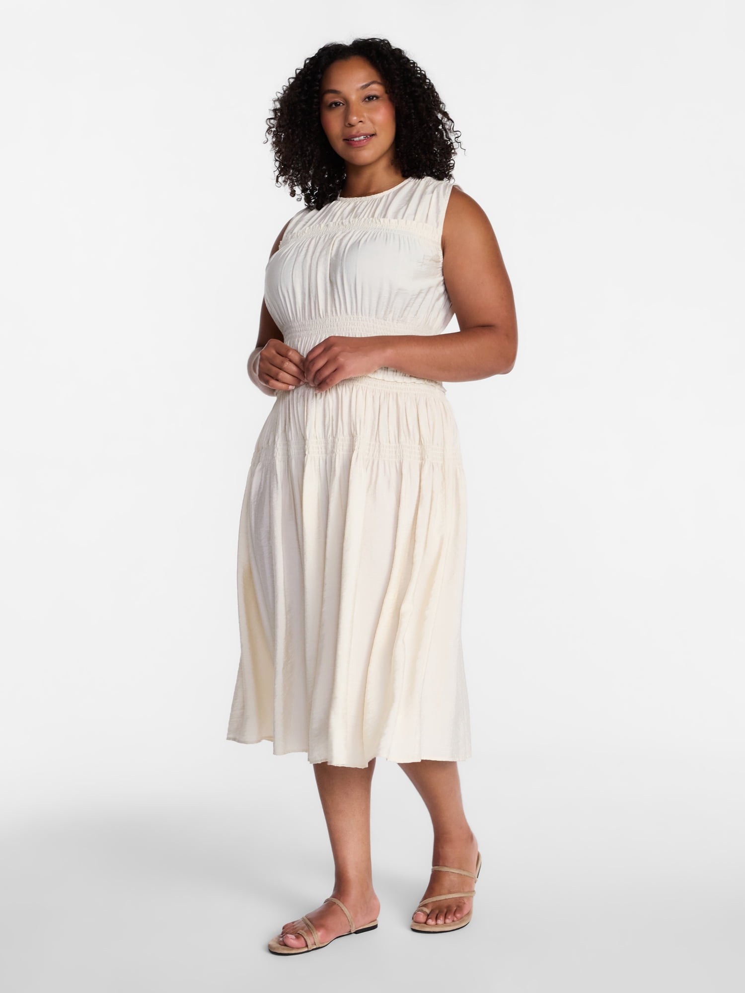 Time and Tru Women's Sleeveless Smocked Midi Dress, Sizes XS-XXXL