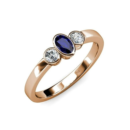 

Blue Sapphire and Diamond SI2-I1 G-H Three Stone Ring 0.83 ct tw in 14K Rose Gold.size 7.5