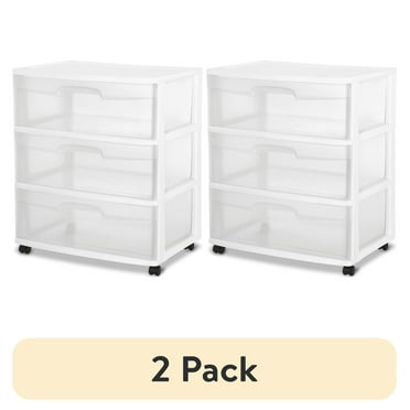 (2 pack) Sterilite Wide 3 Drawer Cart, Clear Plastic Storage Drawers, Wheels Included, White