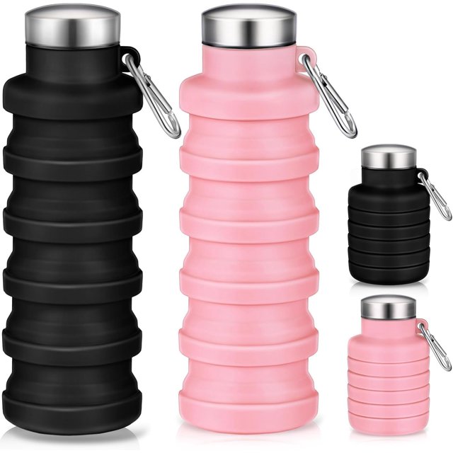 2 Pcs Bouteilles d'Eau Pliables 500ml Silicone Voyage Pliable Bouteille d'Eau Portable avec Boucle Silicone Léger Réutilisable Étanche pour Camping Randonnée Cyclisme Sport (Rose/noir)