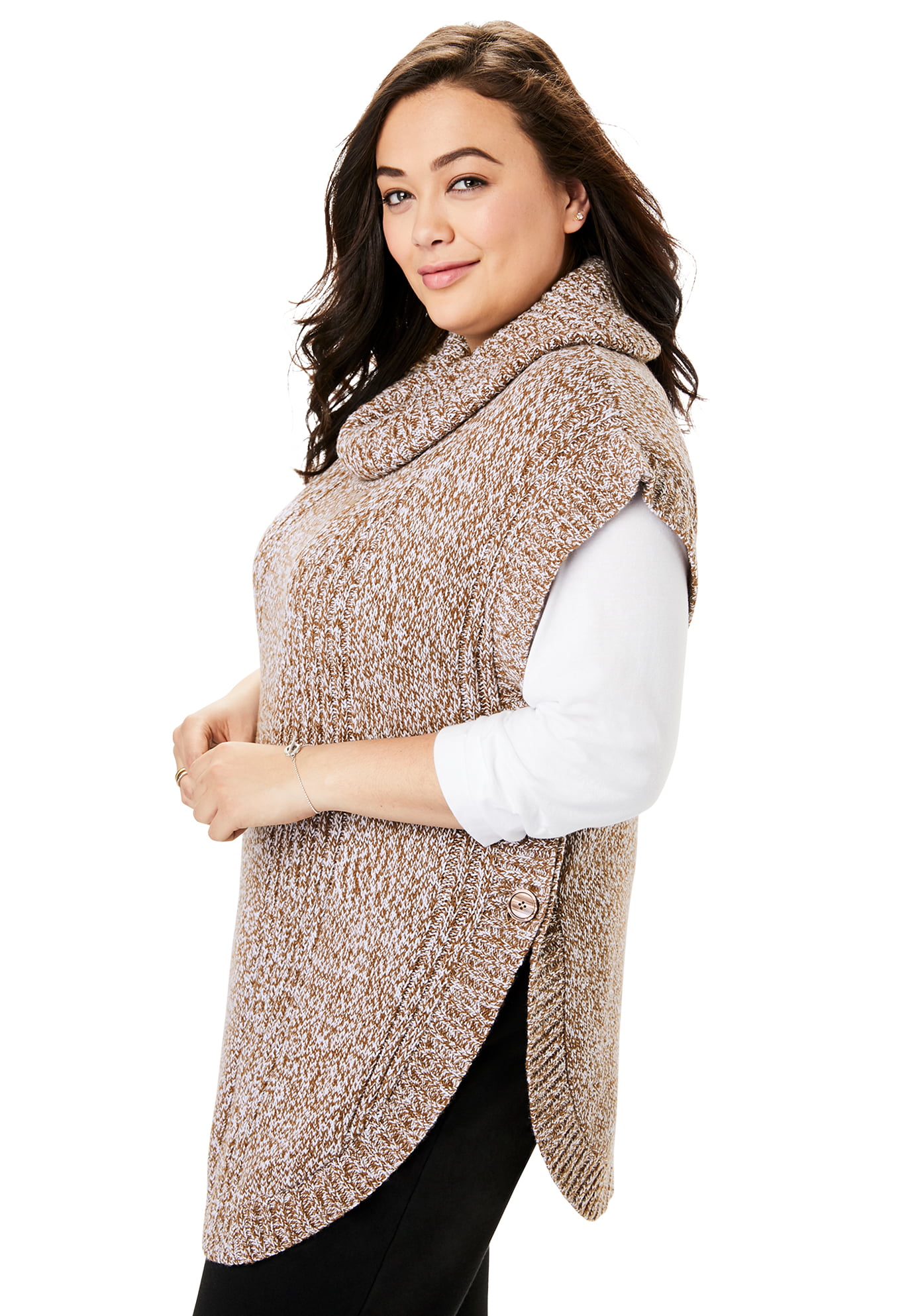 Woman Within Womens Plus Size Marled Knit Cowl Neck Poncho