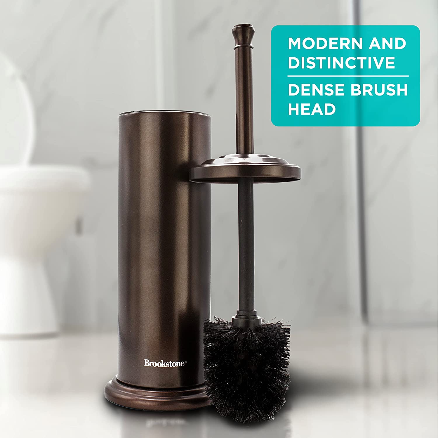 Brookstone Toilet Brush and Holder with Splash Protective Disk Leakproof Bronze Metallic