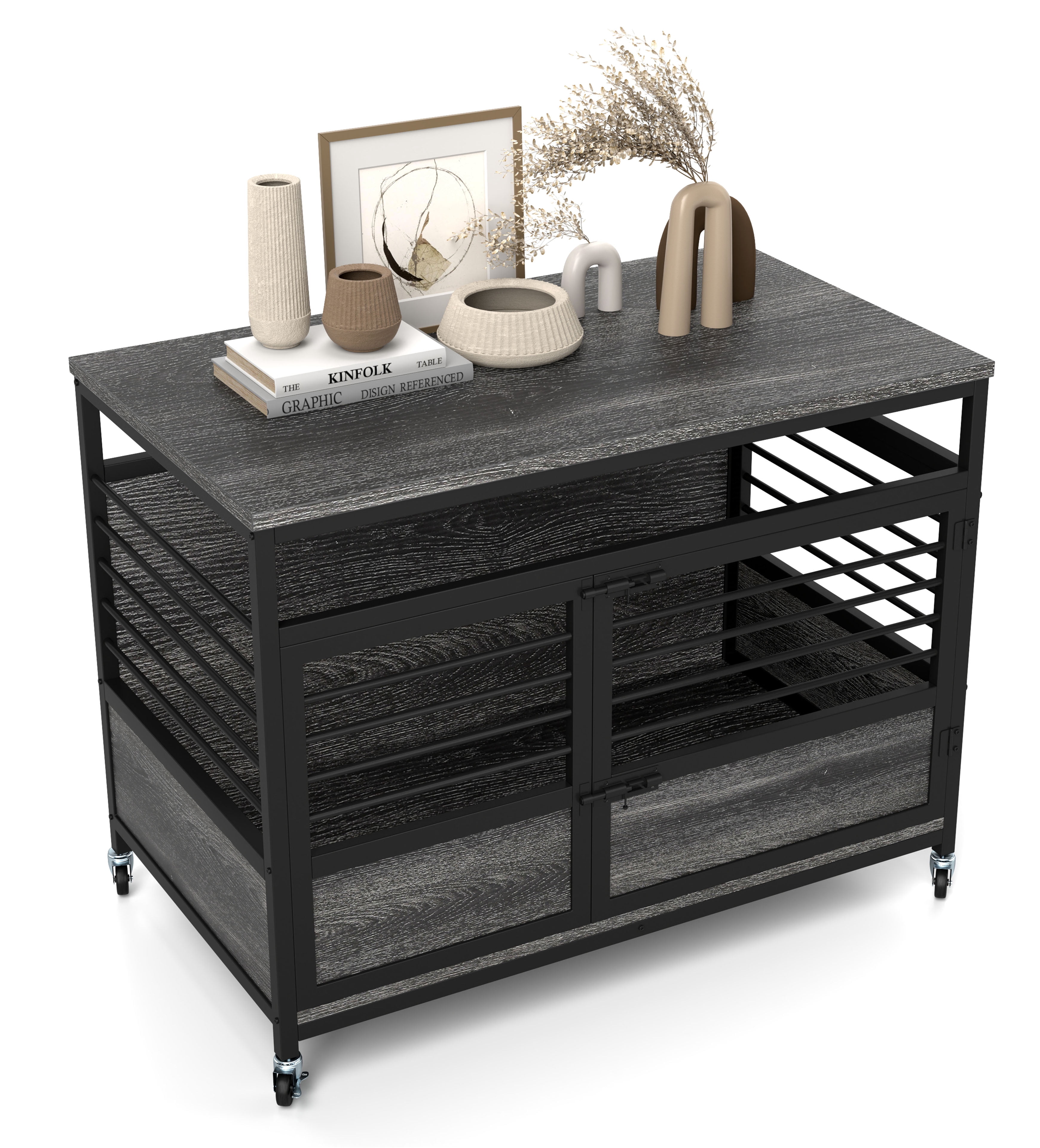 Uforic 39.4 Inch Dog Crate Furniture with Wheels,Wooden Dog Kennel for Dogs - Gray
