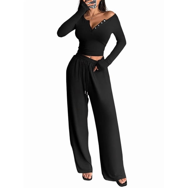 Conjuntos de Dos Piezas de Otoño para Mujer, Camiseta de Larga con Cuello en V y Pantalones Anchos, Conjuntos de Chándal Informal. Negro S