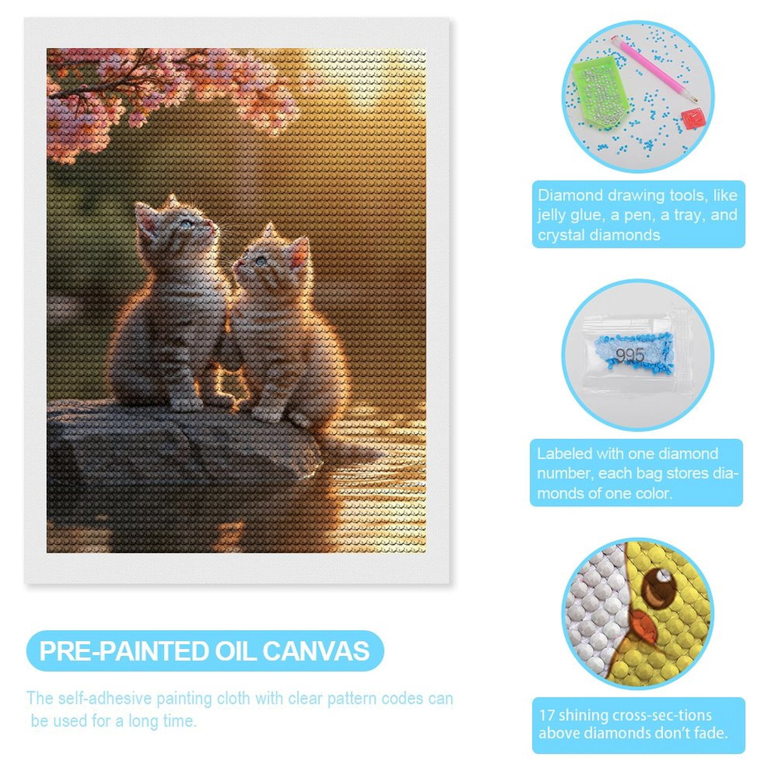 Diamond Art Kits for Adults - Kittens Blossom Sunset Rock 5d Diamond Painting for Adults, Diamond Art for Adults Beginners, Frameless Diamond Painting Kits for Adults for Home Wall Decor