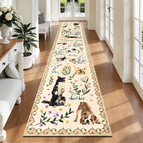MJIAexp 2'x10' Jute Animal Dog Floral Kitchen Runner Rug,Woven Texture Machine Washable Runner Rug Non-Slip Rubberback Hallway Runner Laundry Rug Throw Carpet for Living Room Bedroom Dining Room Entr