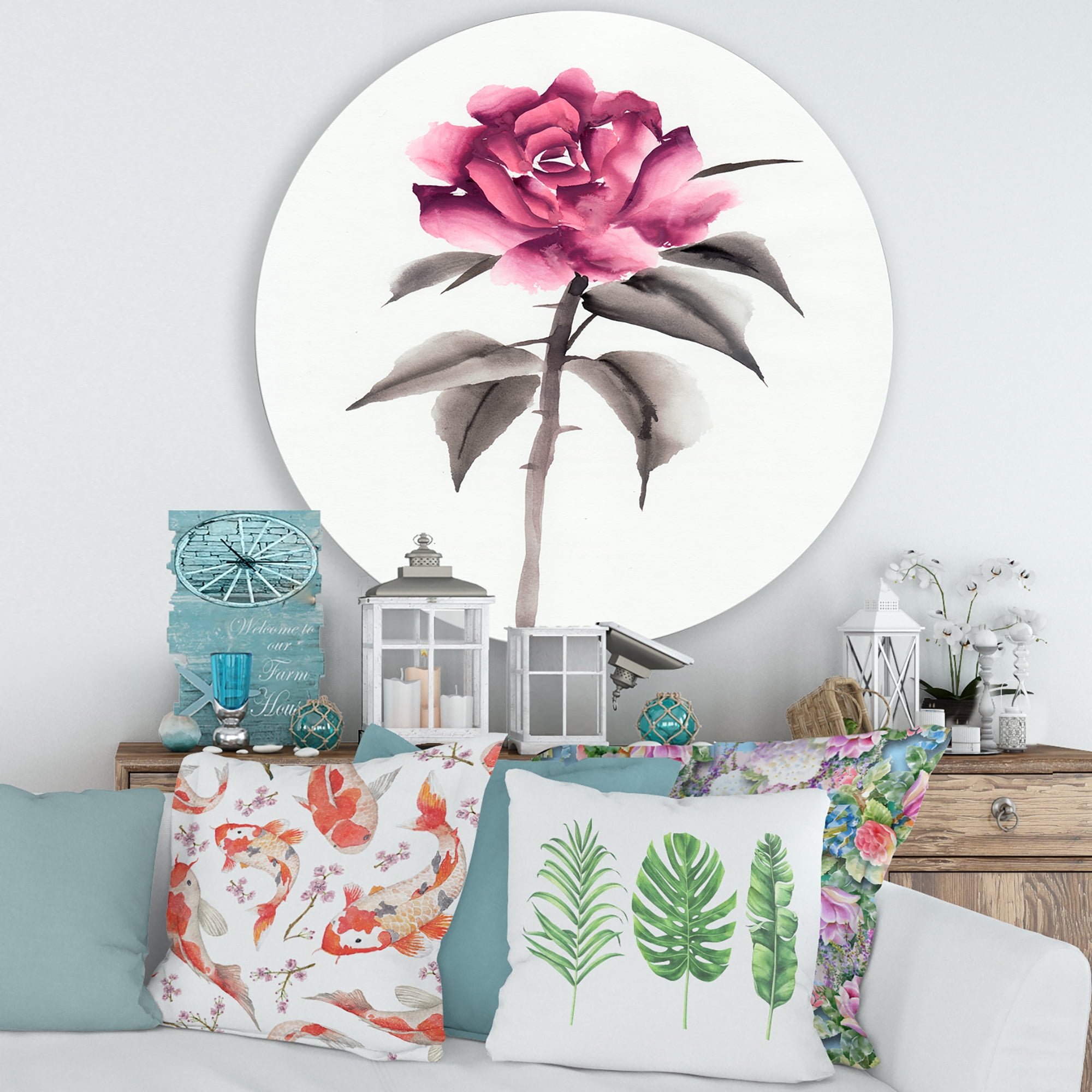 Designart 'Ancient Pink Rose Flower' Traditional Circle Metal Wall Art 36x36 - Disc of 36