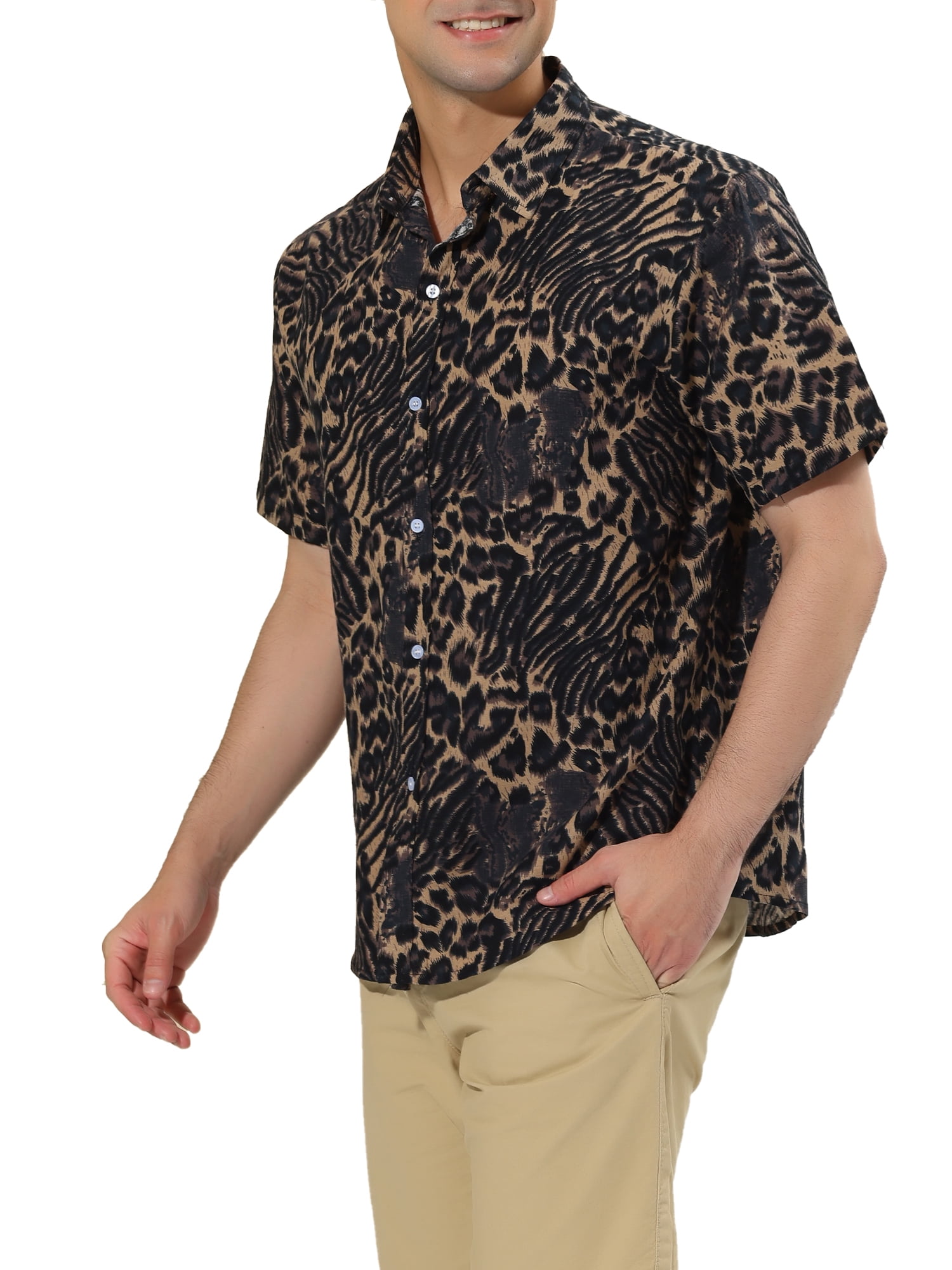 Lars Amadeus Men's Leopard Print Short Sleeve Vintage Animal Cheetah Print  Shirt
