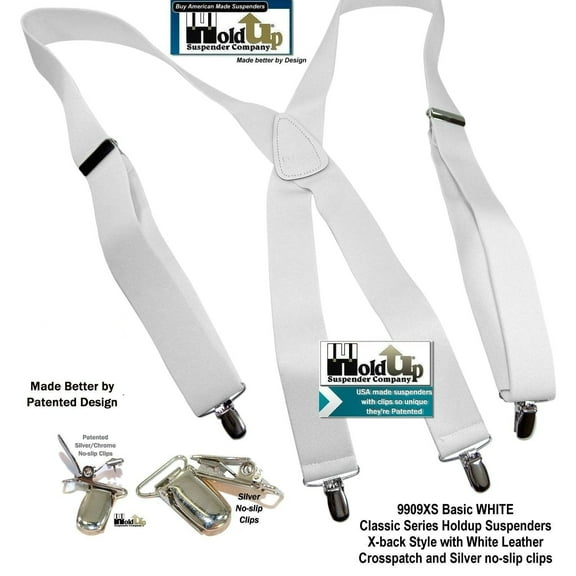 Holdup Suspender Company Classic Series All White X-back clip-on Suspenders with Patented Silver No-sli