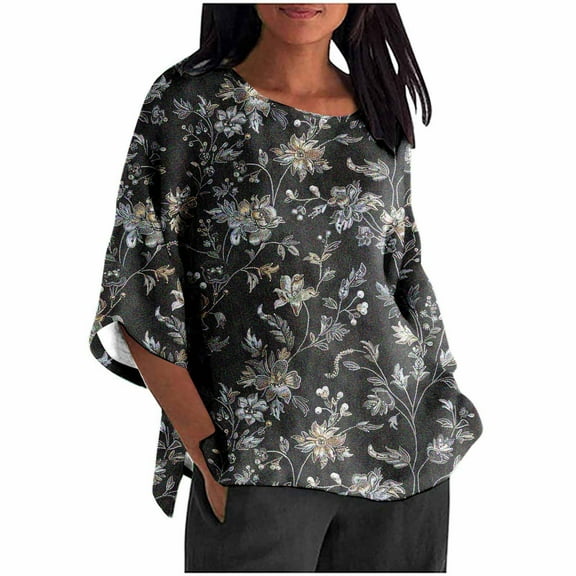 successthop Floral Blouses for Women Plus Size Crinkle Textured 3/4 Sleeve Clothes Crewneck Casual Print Pullover Shirt