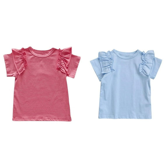 2-Pack Rib Knit Girls Tops - Short Sleeve Lettuce Trim Ribbed Girl Shirts - Stripe/Floral/Solid