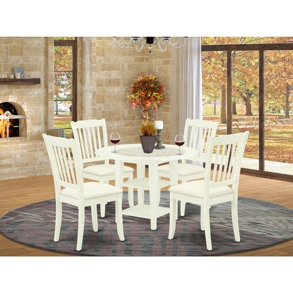 5-Piece Round Drop Leaf Dining Set - Linen White Kitchen Table & Chairs - Modern Dinette Set