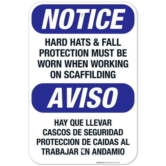 Bilingual Hard Hats & Fall Protection Must Be Worn Sign, OSHA Sign, 12x18 Aluminum