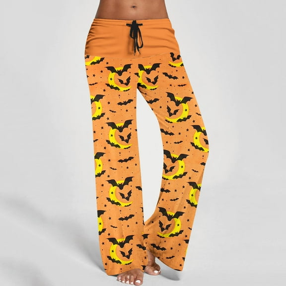 ABPWLY Pants for Women Flare-Leg Pants for Women Casual High Waist Drawstring Flared Pants Halloween Bats Print Long Palazzo Trousers Dress Pants Women