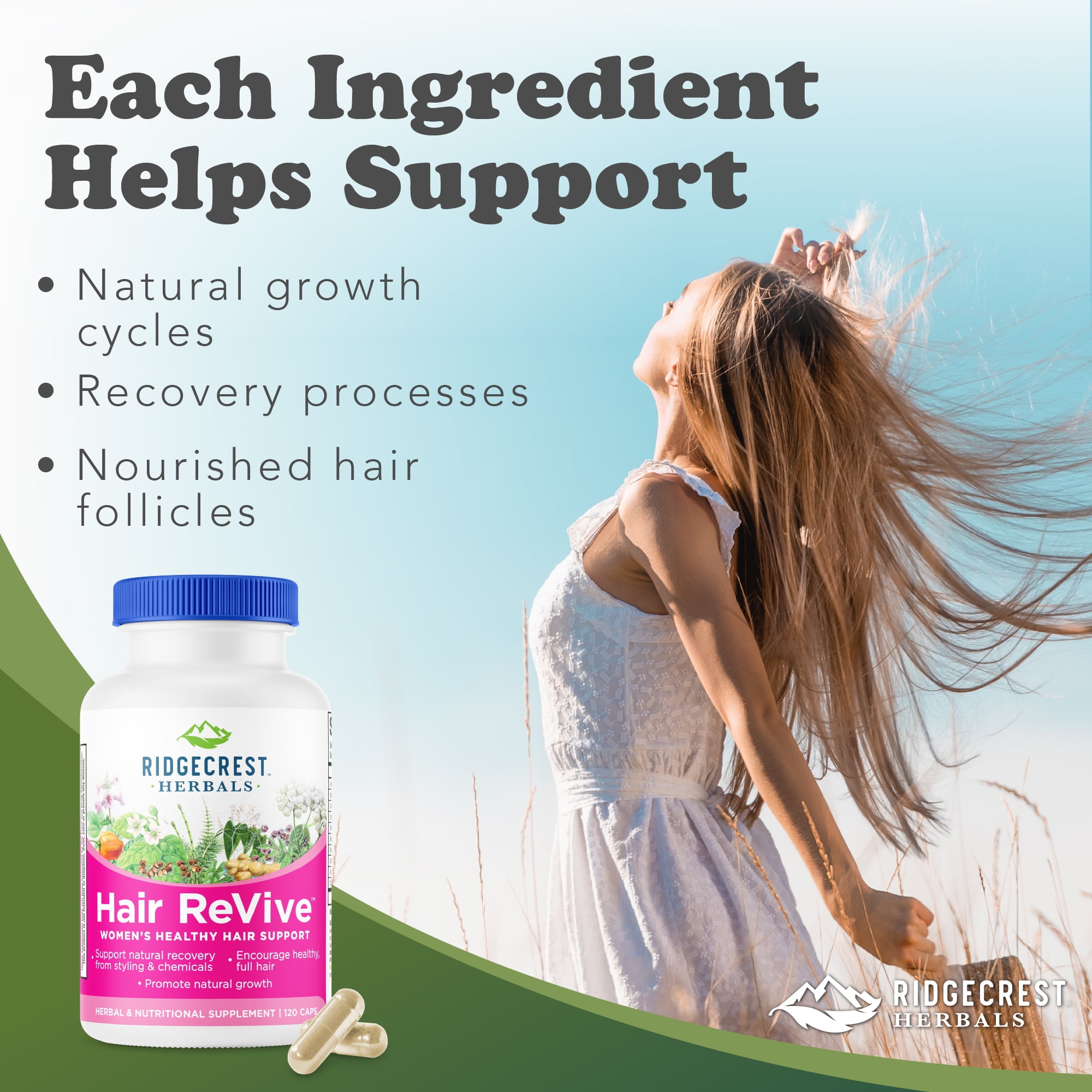 RidgeCrest Herbals Hair ReVive, Nutritional Hair Supplement with Vitamin C, Biotin, Zinc, and Copper, Hair Vitamins for Women to Support Healthy Hair, Skin, and Nails (120 Caps, 30 Serv)