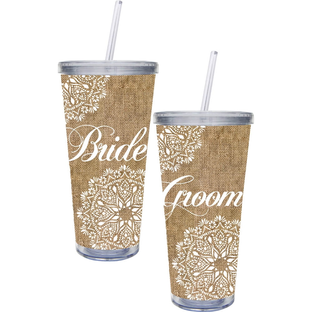 Bride And Groom Burlap 20 Oz. Extra Large Insulated Travel Cups