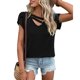 thumbnail image 1 of Top de manga de pétalo para mujer, camiseta informal con cuello en V, color liso, elegante, holgada, camiseta básica de verano, color negro M, 1 of 7