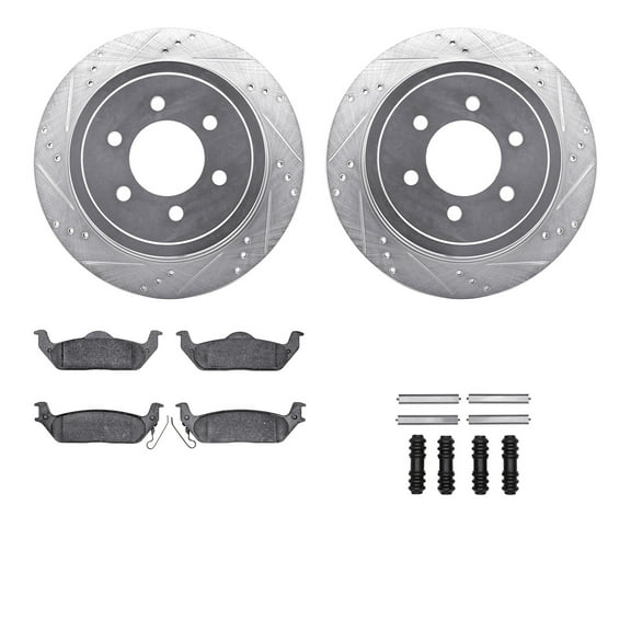 Dynamic Friction Company Rear Brake Rotors-Drilled and Slotted-Silver with 5000 Advanced Brake Pads includes Hardware 7512-54146