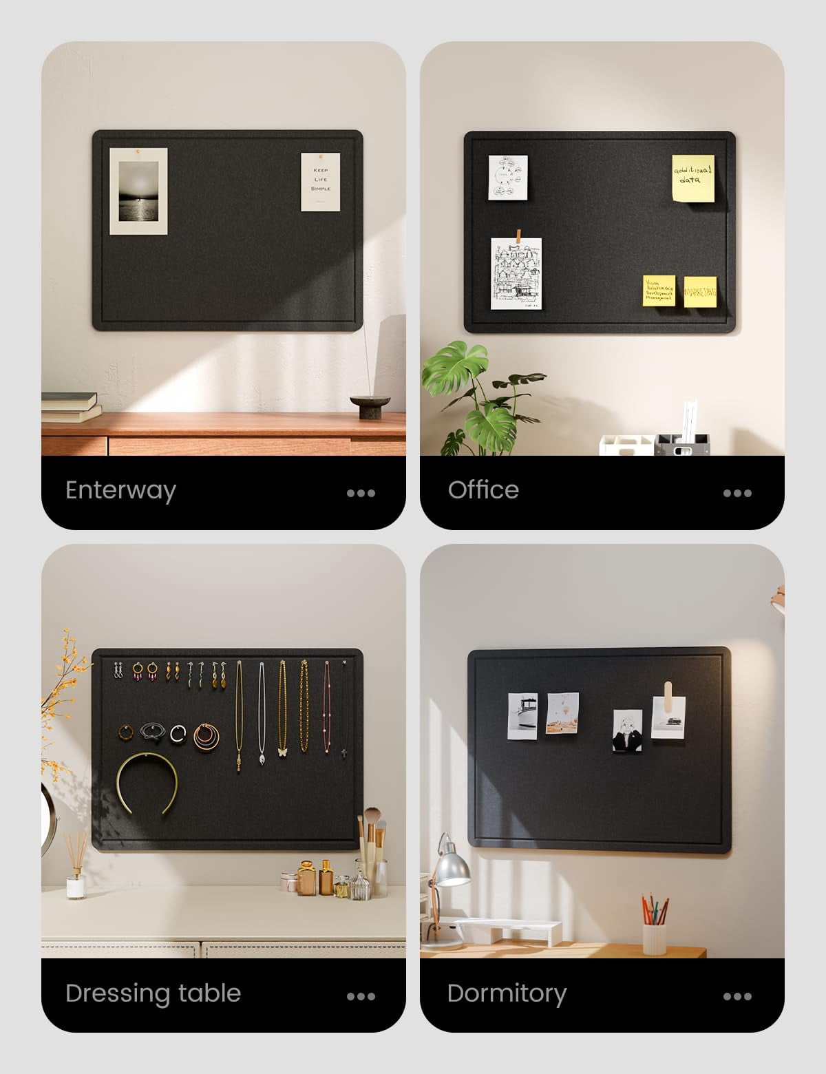 Bulletin Board  23.6" X 17.5" Cork Alternative With 12 Safe Removable Adhesive Tabs Foldable Felt Pin For Home Office Classroom Bedroom Entryway Walls-black