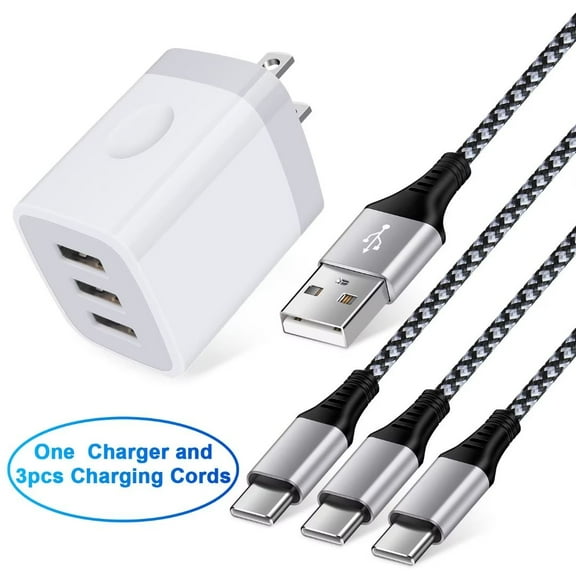 USB C Cable,USB A to USB C Cables 3pack 6ft FiveBox Nylon Braided 3A Fast Charging Cord Type C Charging Cable with 1pc Three Port USB Wall Charger Block(White)