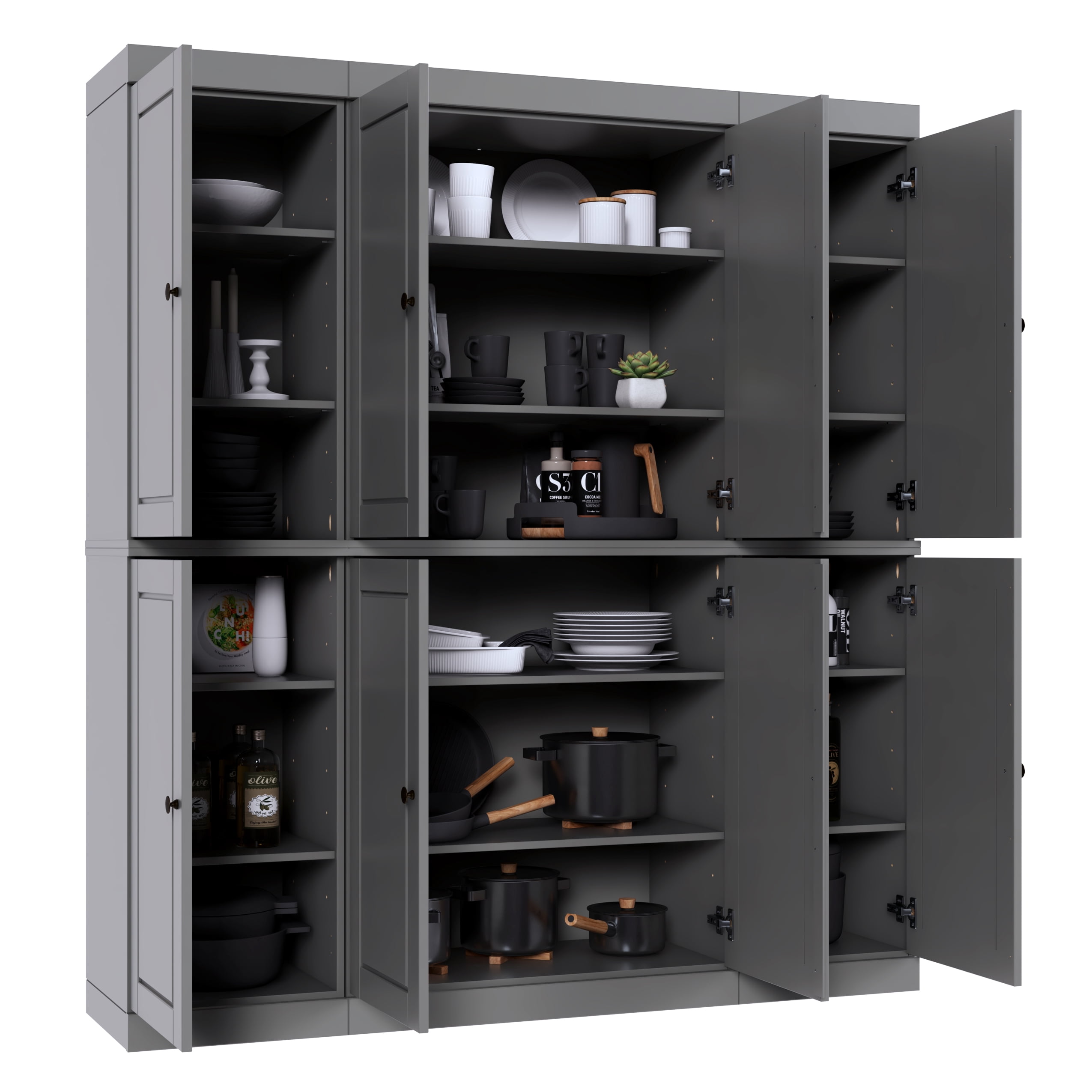 100% Solid Wood Kitchen Pantry Storage Cabinet with Solid Doors and Adjustable Shelves, Gray Wooden Modular Tall Cabinets
