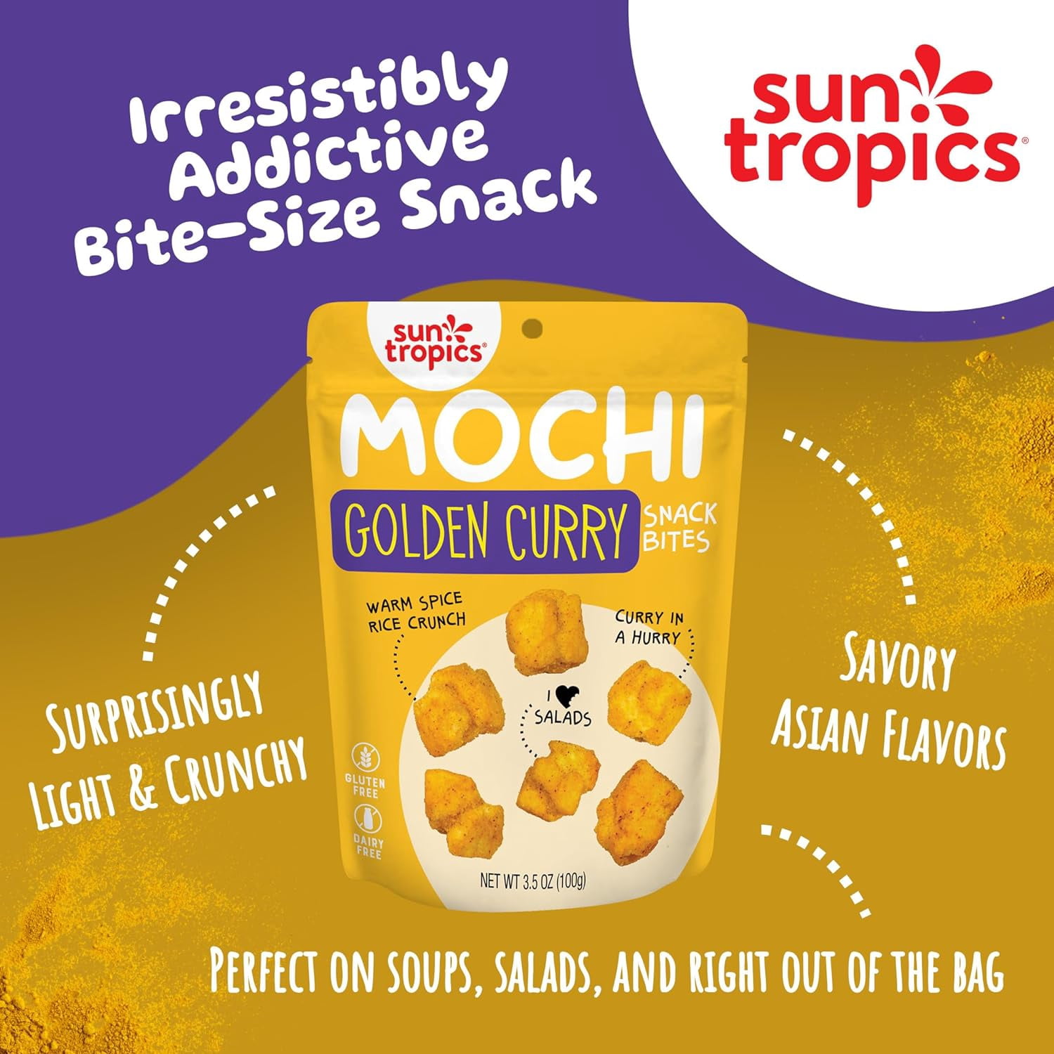 (Pack of 12), Sun Tropics Golden Curry Mochi Snack Bites, 3.5 oz