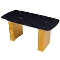 thumbnail image 4 of Modern-style rectangular tempered glass dining table, featuring a fashionable marble-patterned design with gold dual-pedestal metal legs, Ideal for dining rooms and Home Offices, 4 of 11
