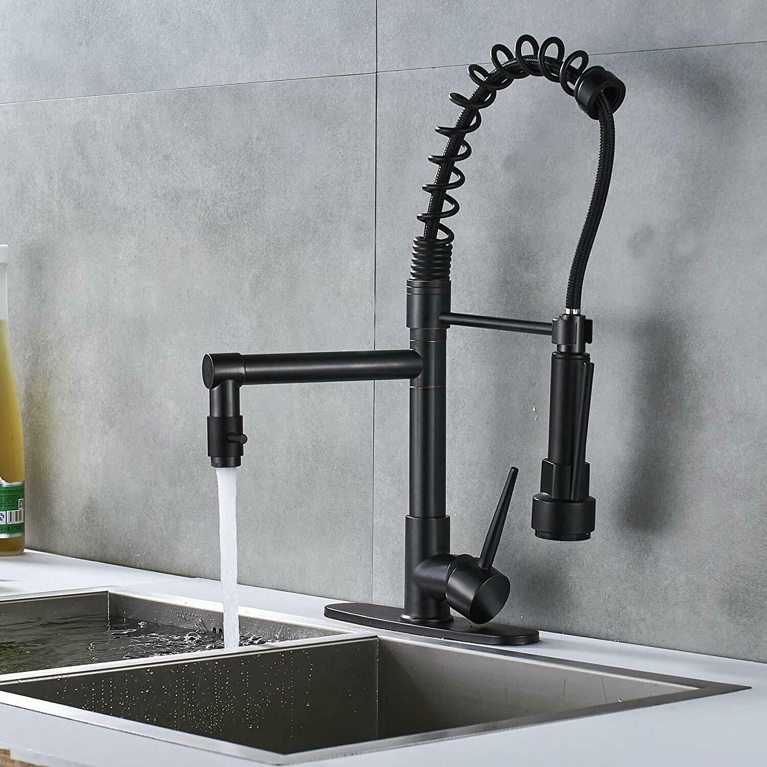 Spring Kitchen Sink Faucet Pull Down Sprayer with Cover Plate Black Bronze Mixer