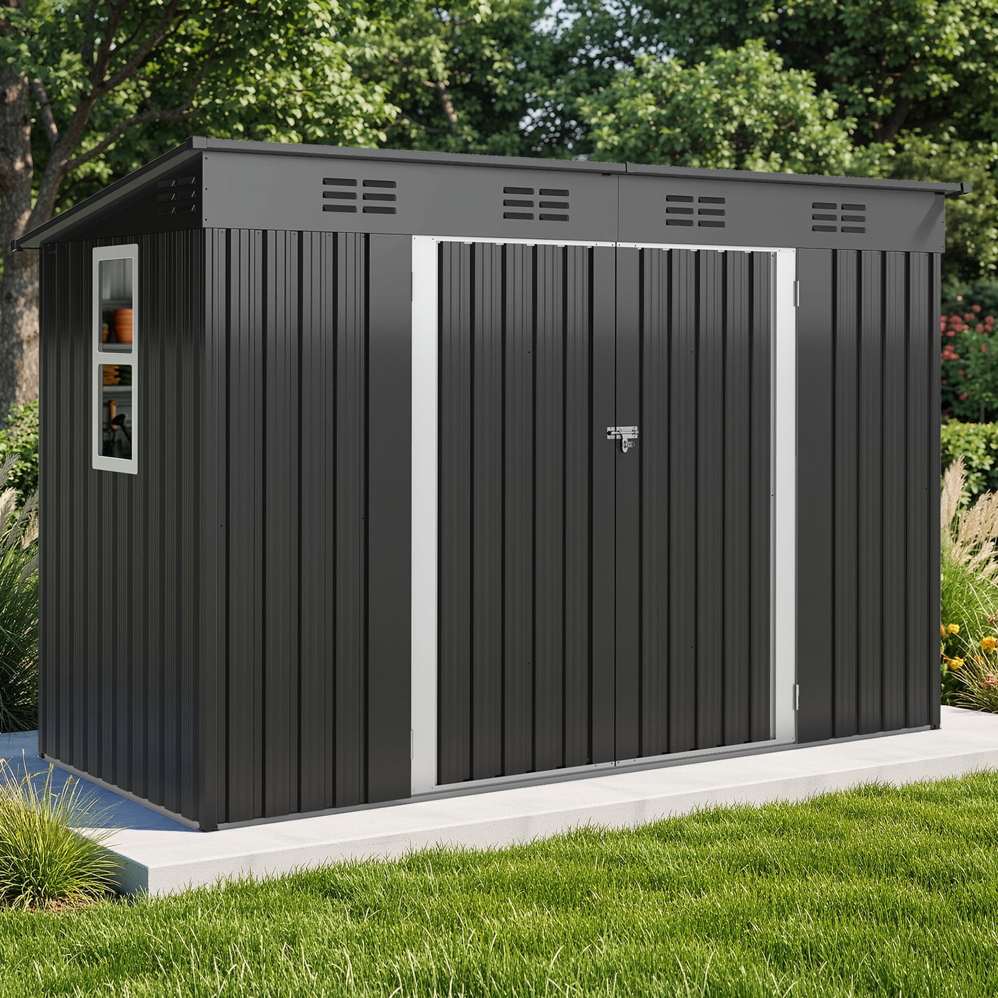 Uforic Oversized Outdoor Storage Shed with Window, Built-in Ventilation, Lockable Doors & Sloped Roof, Weather Resistant Steel Garden Tool Shed for Patio Lawn Backyard, Gray