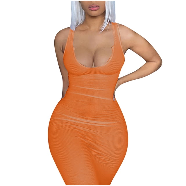 Fridja Robe Débardeur pour Femme à Col en V Profond Sans Manches Côtelée Robe de Soirée Boîte de Nuit