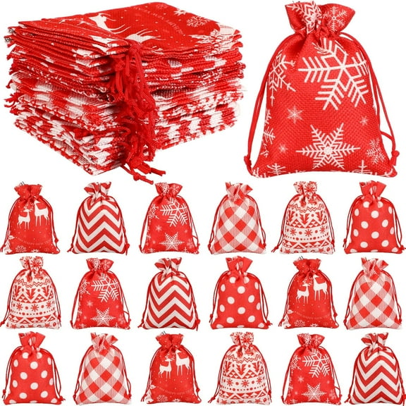 24 Pcs Christmas Bags Mini Small Burlap Gift Bags with Drawstring 3.9 x 5.5 Inches Red White Candy Bags Goodie Treat Bags Party Favor for Christmas Birthday New Year Wedding Supplies
