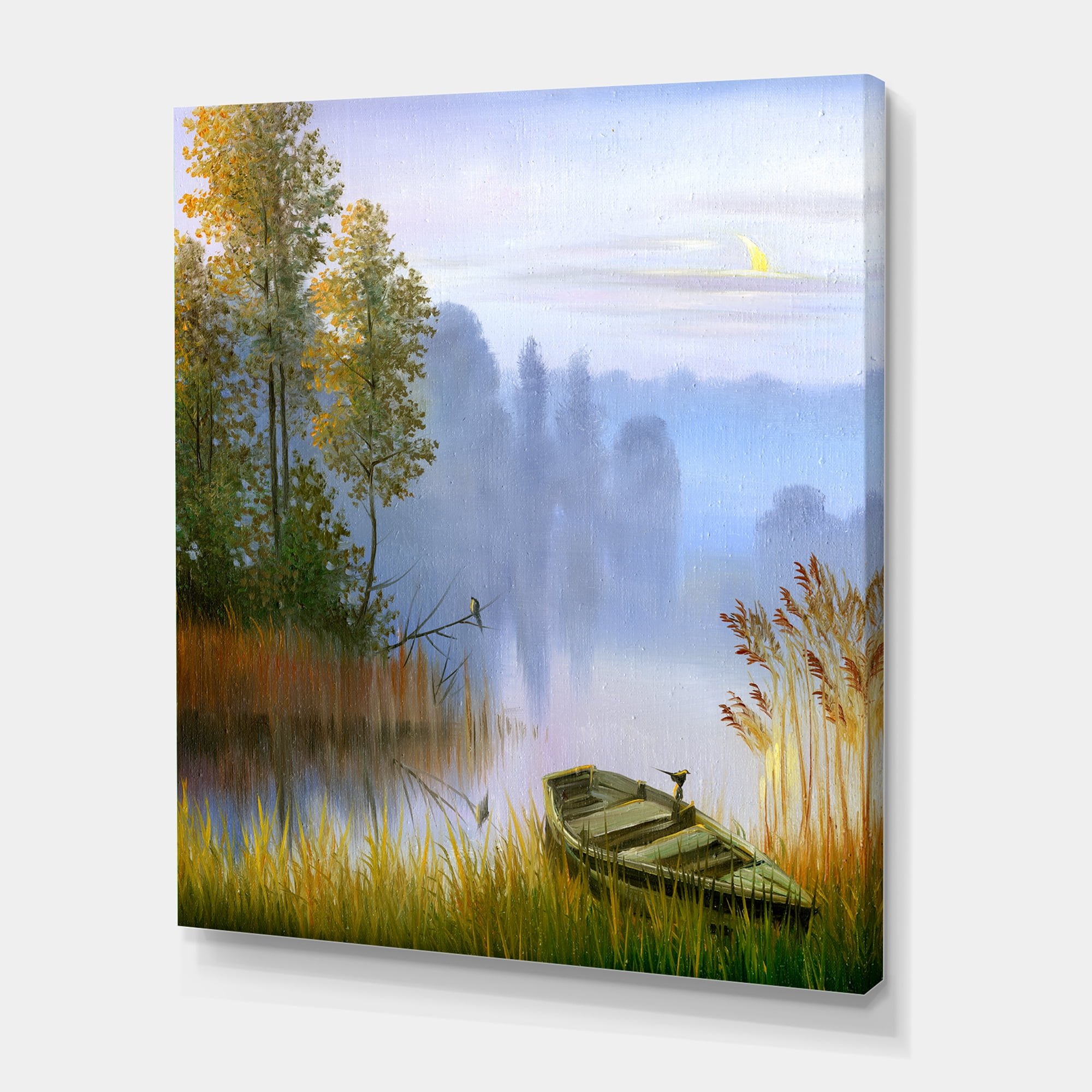 Designart ' The Bank Of The Lake With The Boat ' Traditional Canvas Wall Art Print