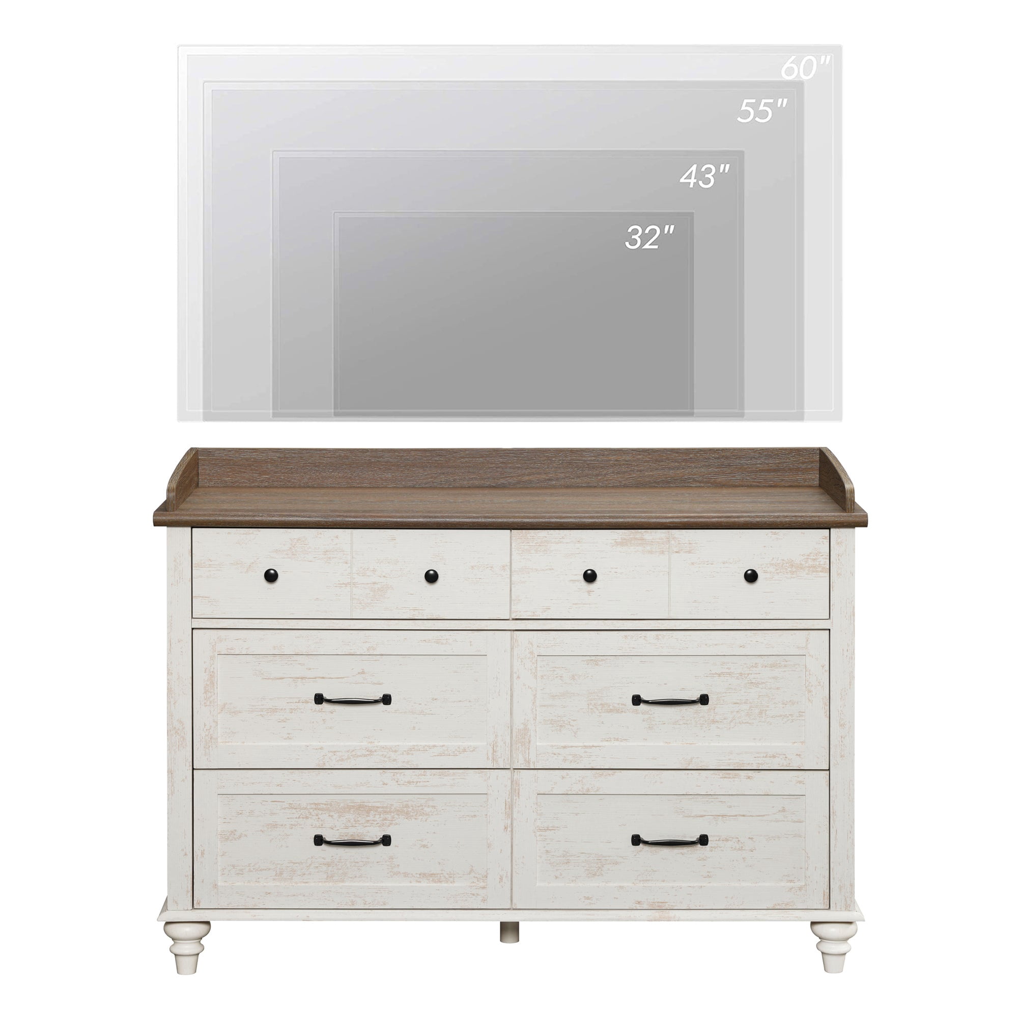 Mid-Century Modern TV Entertainment Center for 60" TVs, Wooden Media Console Table with 6 Drawers, Antique White