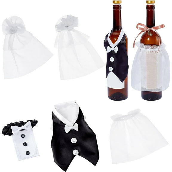 5Pcs 2 Styles Bride and Groom Wine Bottle Covers Glasses Tosting Lace Cover Wedding Bottle Decorations Wine Bottle Dressup for Wedding Bachelorette Engagement Party Decoration Mixed Color