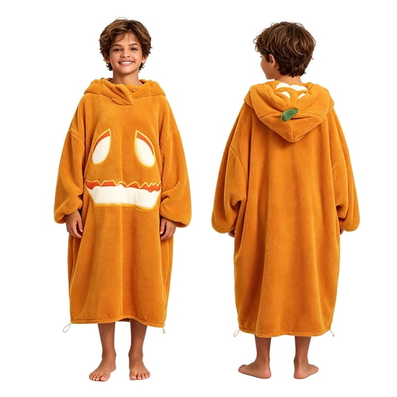 Faraee Wearable Blanket Hoodie for Kids Toddler 0-5 Years Pumpkin Oversized Hooded Blankets Sweatshirt with Pocket Orange Birthday Gift for Boys and Girls