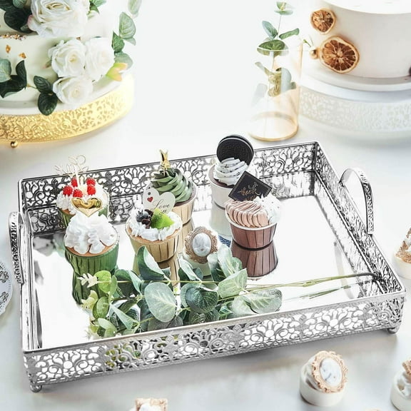 Efavormart 16"x12" Lace Blush/Rose Gold Metal Decorative Serving Trays with Handles, Rectangle Mirrored Vanity Trays for Party, Wedding Tray, Kitchen Decoration, and Sweets Farmhouse Tray