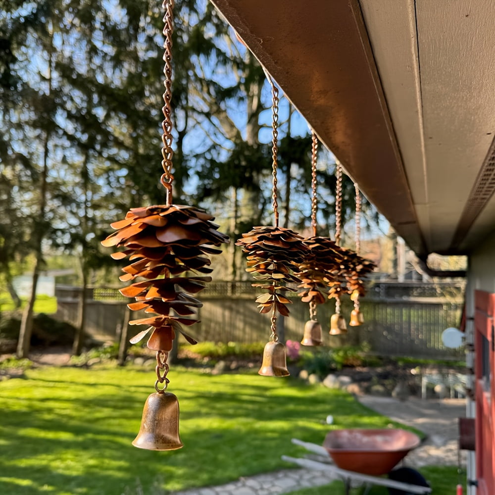 2 Pcs Pine Cone Wind Chimes Outdoor Hanging Decor, Rustic Metal Pinecone Chime with Bells for Garden Patio Porch Decoration, Decorative Wind Chime Ornament for Spring Home Yard Balcony Gift