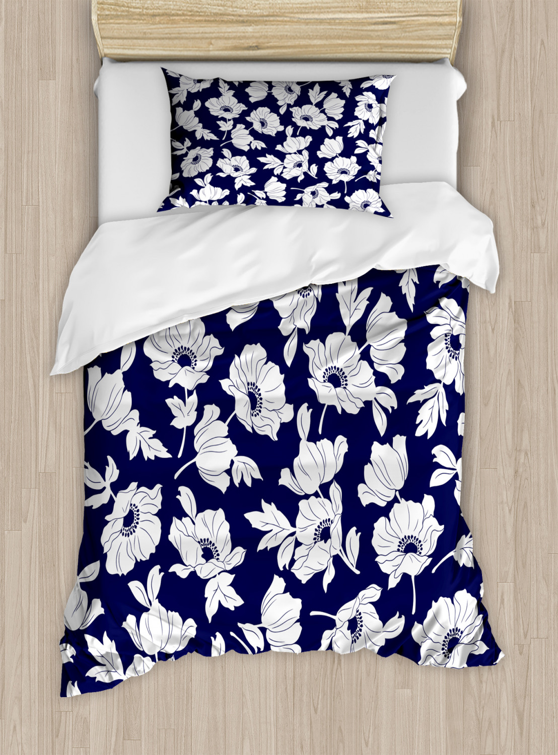 Navy and White Twin Size Duvet Cover Set, Botanical Arrangement with Poppies in White Simple