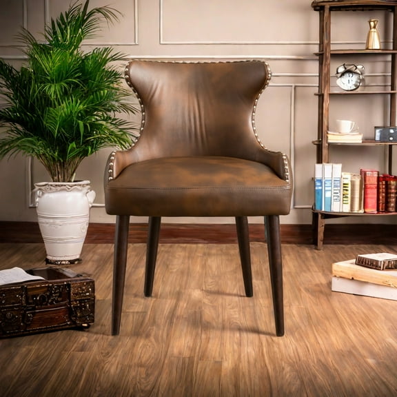 Plush Button Faux Leather Bucket Back Chair With Nail Heads