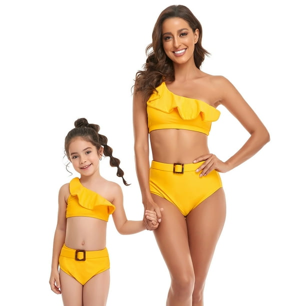 EINCcm Kids Swimsuits, Parent-Child Ruffles Ladies Split Two Piece Swimsuit  High Waist Top Tie Swimwear Bikini Set, Yellow, XXL